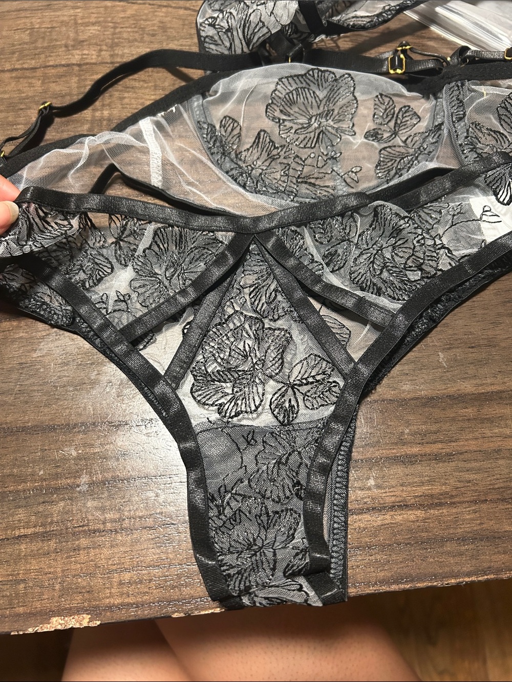 SALE Black Lace Floral Lingerie Set Bra Panty w/ Garter Embroidered - Picture 5 of 10
